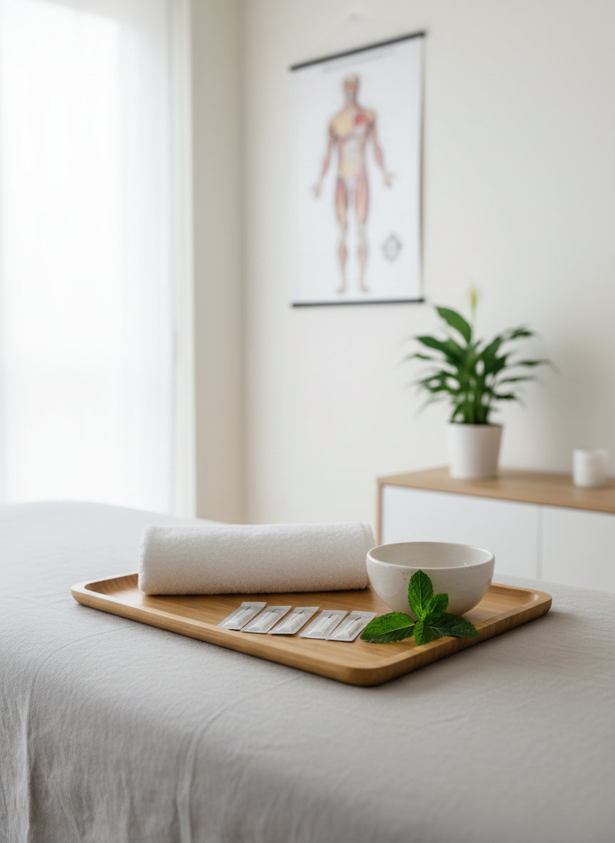 An elegant acupuncture treatment environment with no people, featuring a close-up of a neatly folded white towel on a light wooden tray, beside a row of unused, sterile acupuncture needle blister packs, a smooth white ceramic bowl, and a sprig of fresh green mint. The tray rests on a pale grey linen-covered treatment table. In the softly blurred background, a wall-mounted anatomical meridian chart and a small potted peace lily on a minimalist cabinet hint at a clinical yet soothing setting. Diffused daylight from a frosted window bathes the scene in gentle, even light, eliminating harsh shadows. Photographic realism, composed using the rule of thirds, with a calm, hygienic, and trustworthy atmosphere that conveys precision, safety, and holistic care.